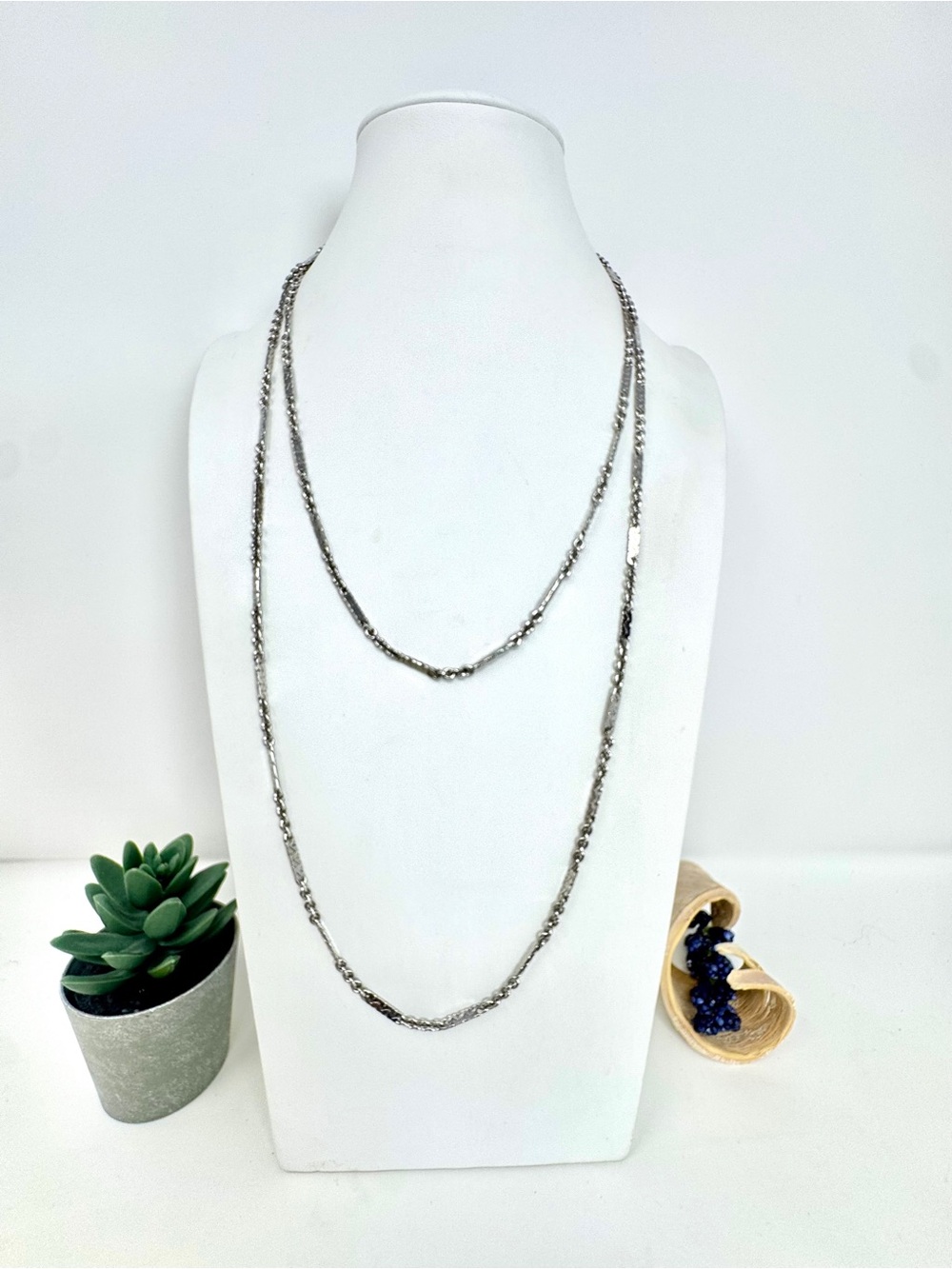 Vintage Signed Monet silver Tone Opera Length Bar & Link Chain Necklace - 54”